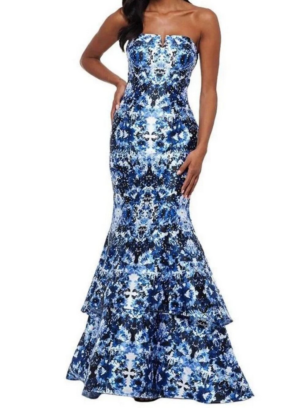 XSCAPE Strapless Printed Rhinestone Tiered Mermaid Hem Dress